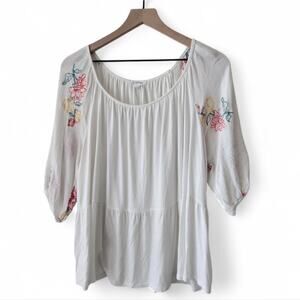 Creneau Jersey Knit Floral Embroidered Top Size XL White Red Yellow